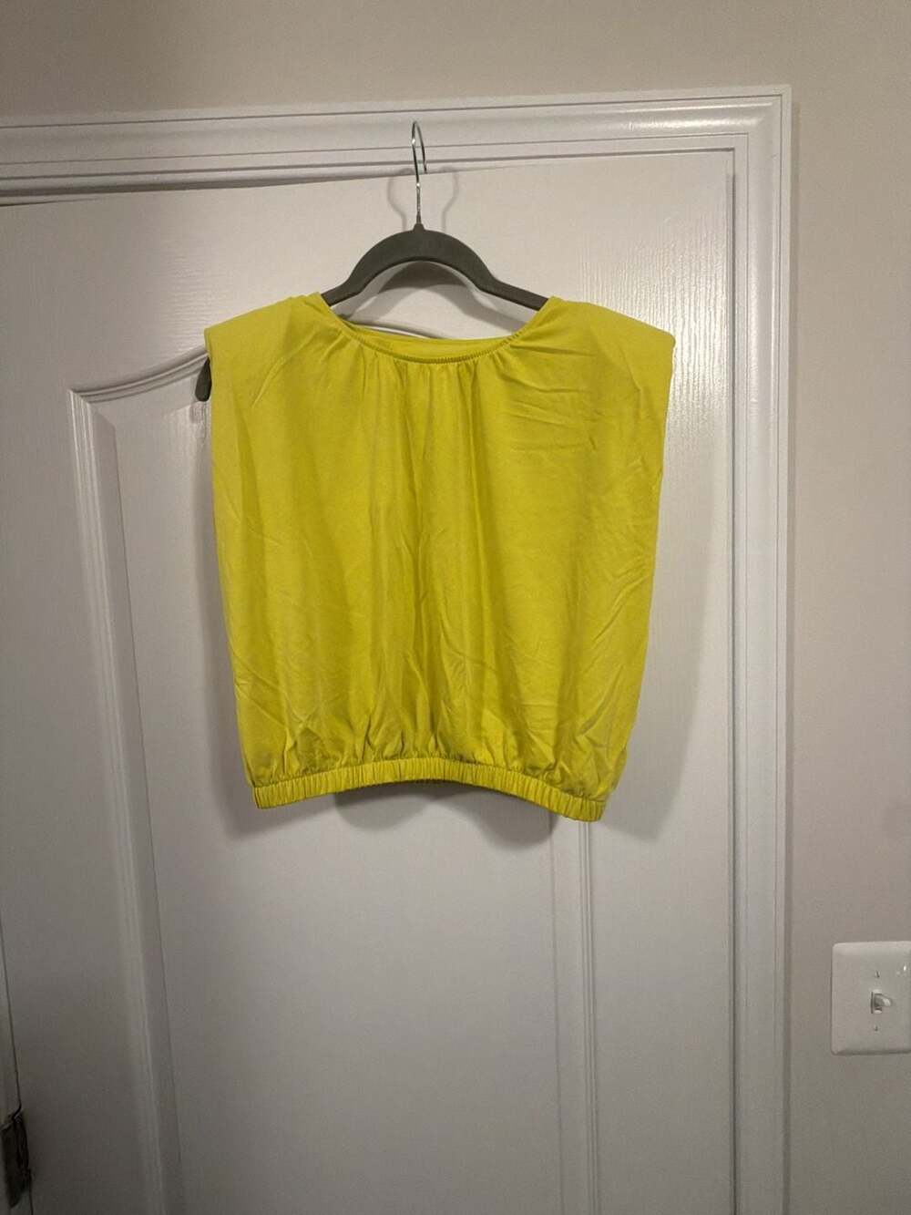 Express Yellow Shoulder Pad Crop Top with Shirred Neck and Elastic Hem Size XS